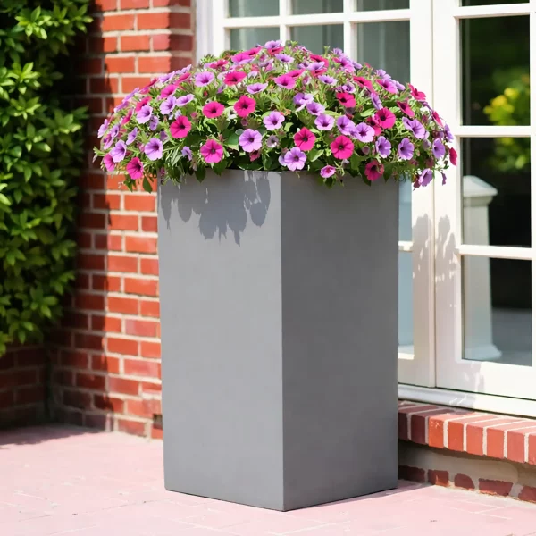 Tall Square Grey Light Concrete Garden Planter H60 L27 W27 cm, 44 ltrs Cap.