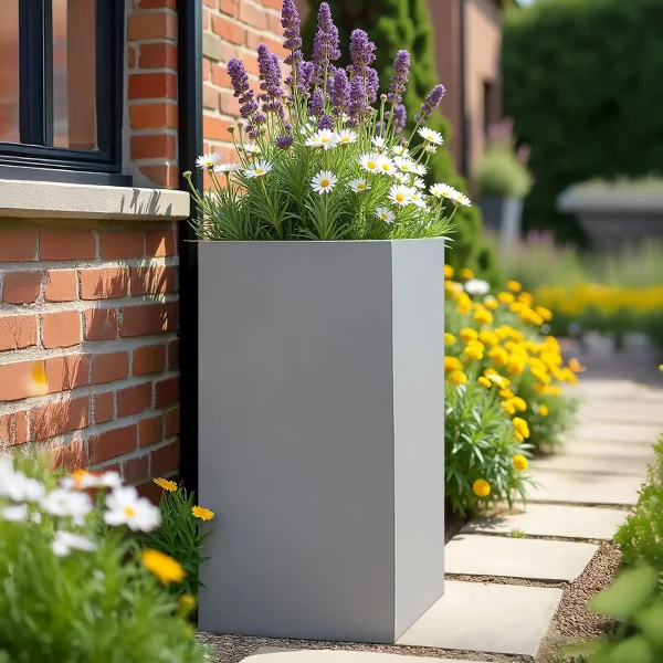 Tall Square Grey Light Concrete Garden Planter H70 L33 W33 cm, 79 ltrs Cap.