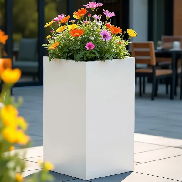 Tall Square White Light Concrete Garden Planter H60 L27 W27 cm, 44 ltrs Cap.