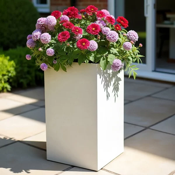 Tall Square White Light Concrete Garden Planter H70 L33 W33 cm, 79 ltrs Cap.
