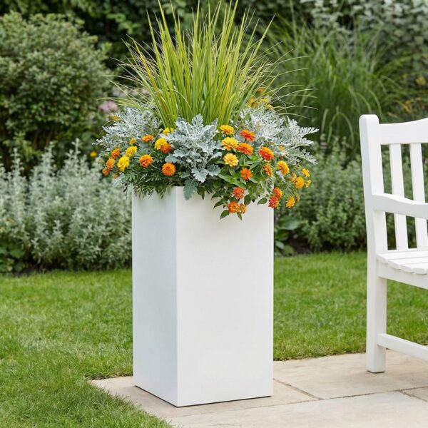 Tall Square White Light Concrete Garden Planter H80 L40 W40 cm, 132 ltrs Cap.