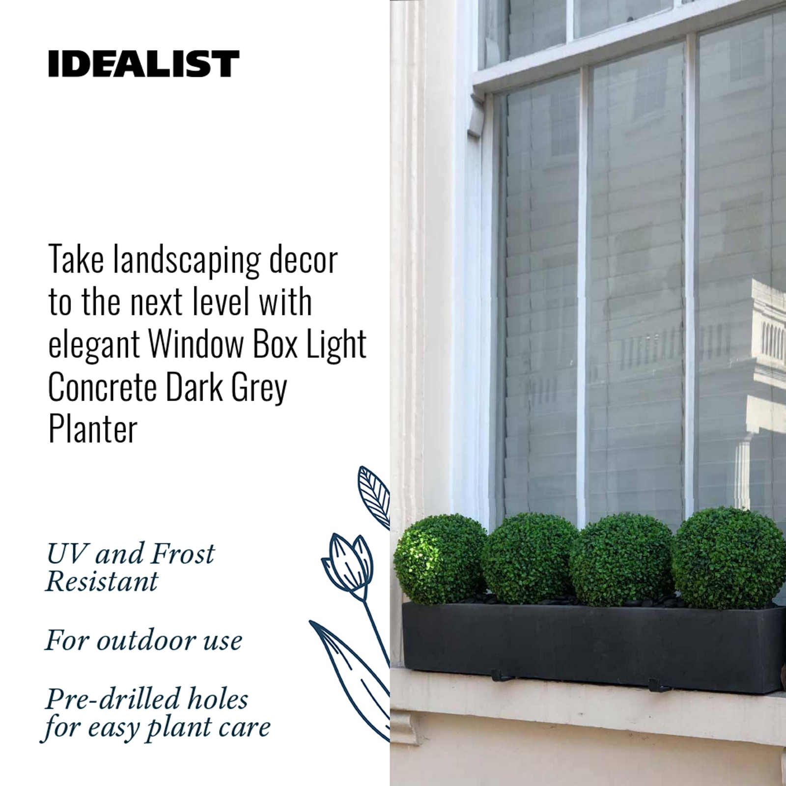 Window Box Light Concrete Dark Grey Planter L60 W17 H17.5 cm, 18 ltrs