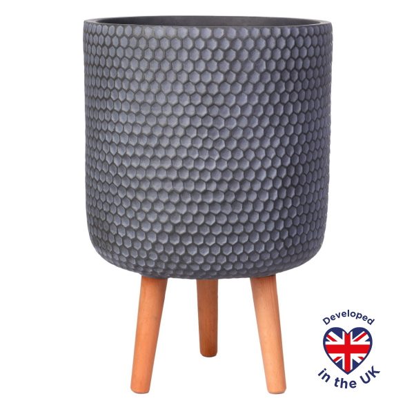 Honeycomb Style Grey Cylinder Round Indoor Planter with Legs D31 H47 cm, 19.8 ltrs Cap.