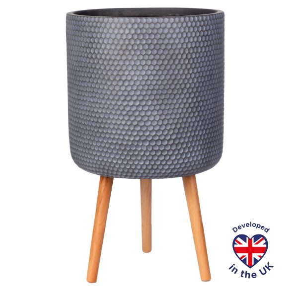 Honeycomb Style Grey Cylinder Round Indoor Planter with Legs D37.5 H61 cm, 32.7 ltrs Cap.