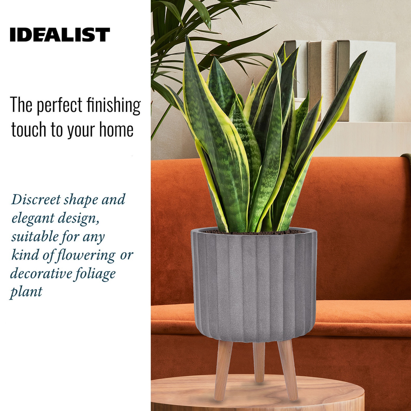 Modern Ribbed Taupe Cylinder Planter on Legs, Round Pot Plant Stand ...