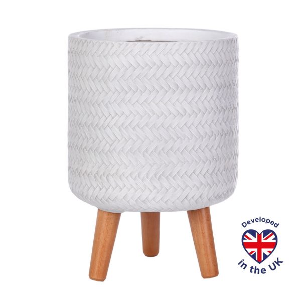 Plaited Style White Cylinder Round Indoor Planter with Legs D24 H35 cm, 8.7 ltrs Cap.