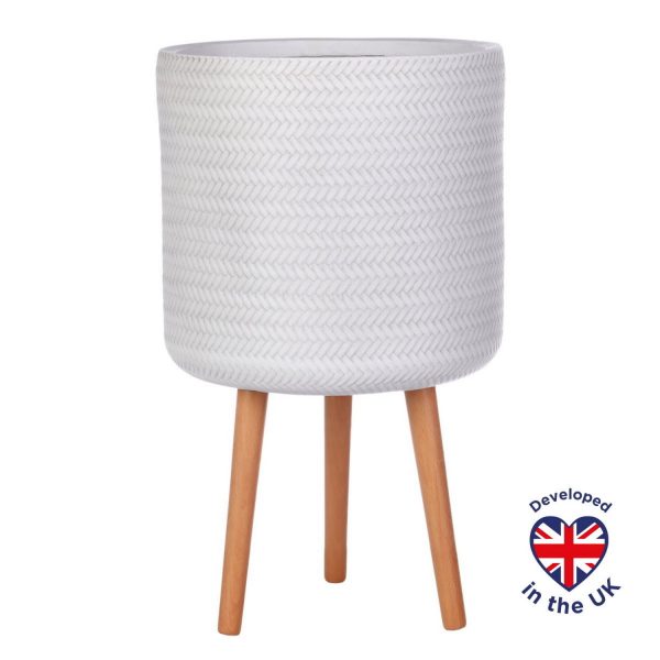 Plaited Style White Cylinder Round Indoor Planter with Legs D36 H62 cm, 30.9 ltrs Cap.