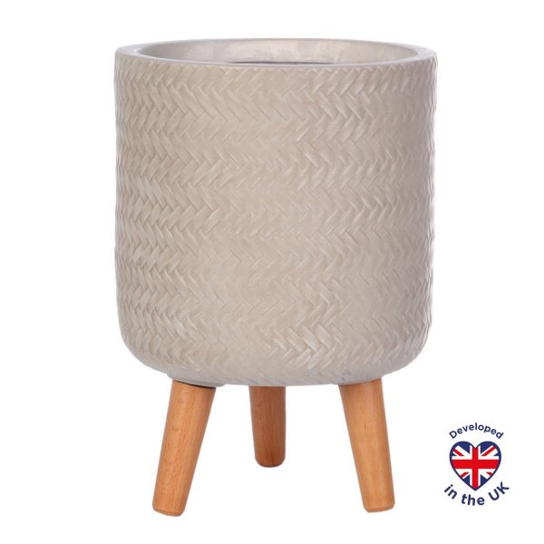 Plaited Style Beige Cylinder Round Indoor Planter with Legs D24 H35 cm, 8.7 ltrs Cap.
