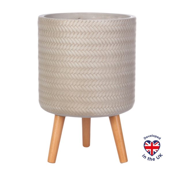 Plaited Style Beige Planter on Legs, Round Indoor Plant Pot D26 H46 cm, 17.9 ltrs Cap.