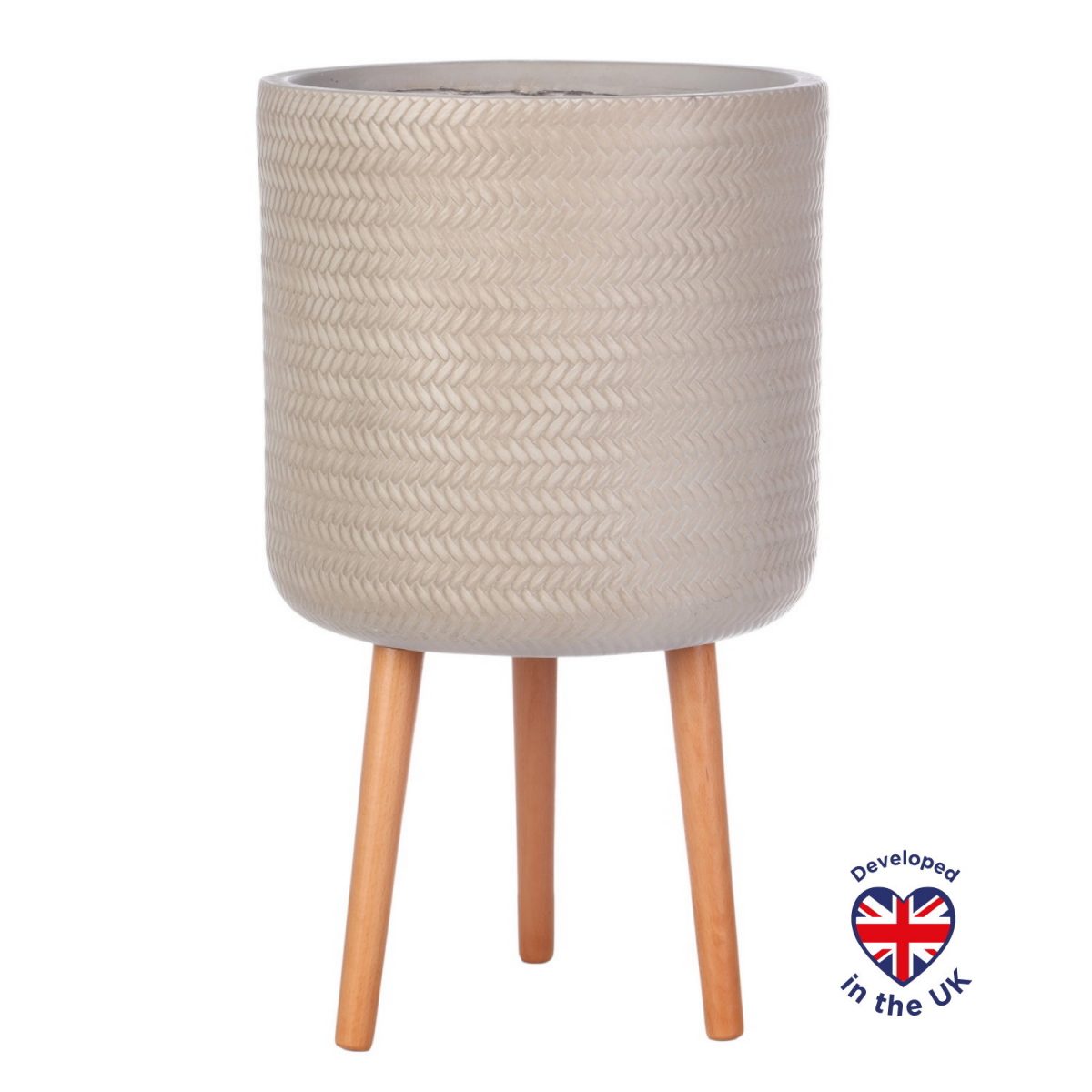 Plaited Style Beige Cylinder Round Indoor Planter with Legs D36 H62 cm, 30.9 ltrs Cap.