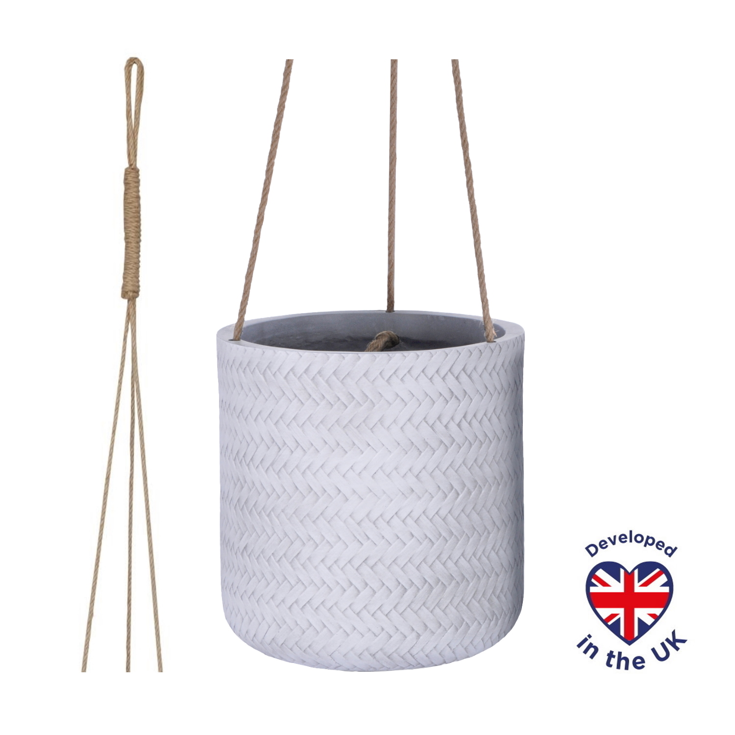 Plaited Style White Hanging Cylinder Round Indoor Planter D18 H18 cm, 4.6 ltrs Cap.