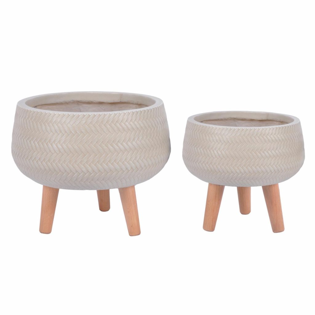 Plaited Style Beige Bowl Indoor Planter with Feet D24 H23 cm, 10.4 ltrs