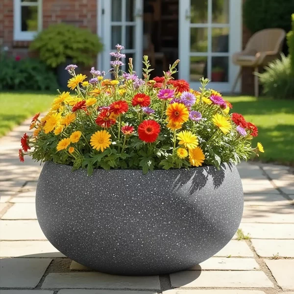 Textured Concrete Effect Grey Bowl Outdoor Garden Planter D55 H26.5 cm, 63 ltrs Cap.