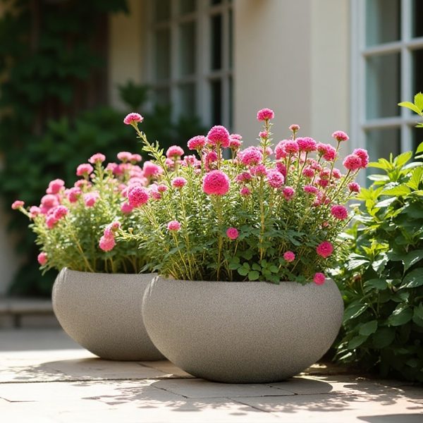 Textured Concrete Effect Sand Color Bowl Outdoor Garden Planter D55 H26.5 cm, 63 ltrs Cap.