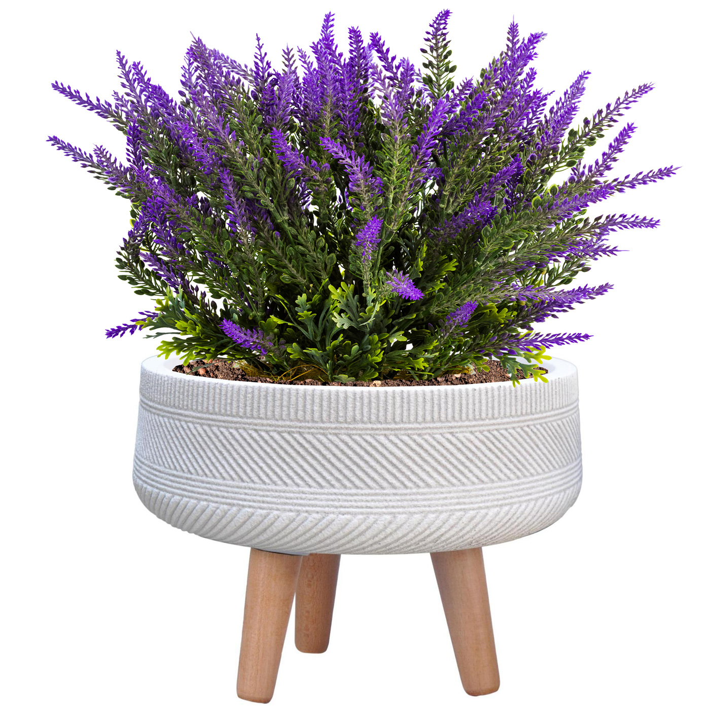 Striped White Tray Round Indoor Planter with Legs D29.5 H22 cm, 5.9 ltrs Cap.