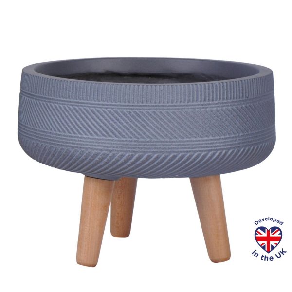 Striped Grey Tray Round Indoor Planter with Legs D29.5 H22 cm, 5.9 ltrs Cap.