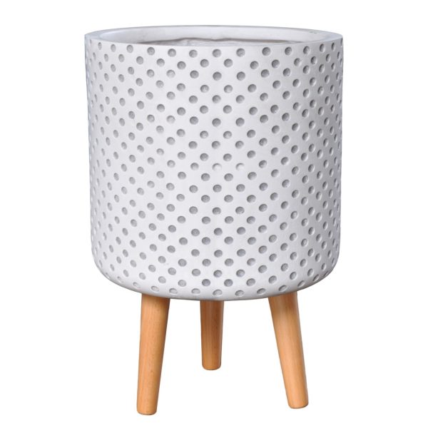 Dotted Style White Planter on Legs, Round Indoor Plant Pot D20 H35 cm, 10 ltrs Cap.