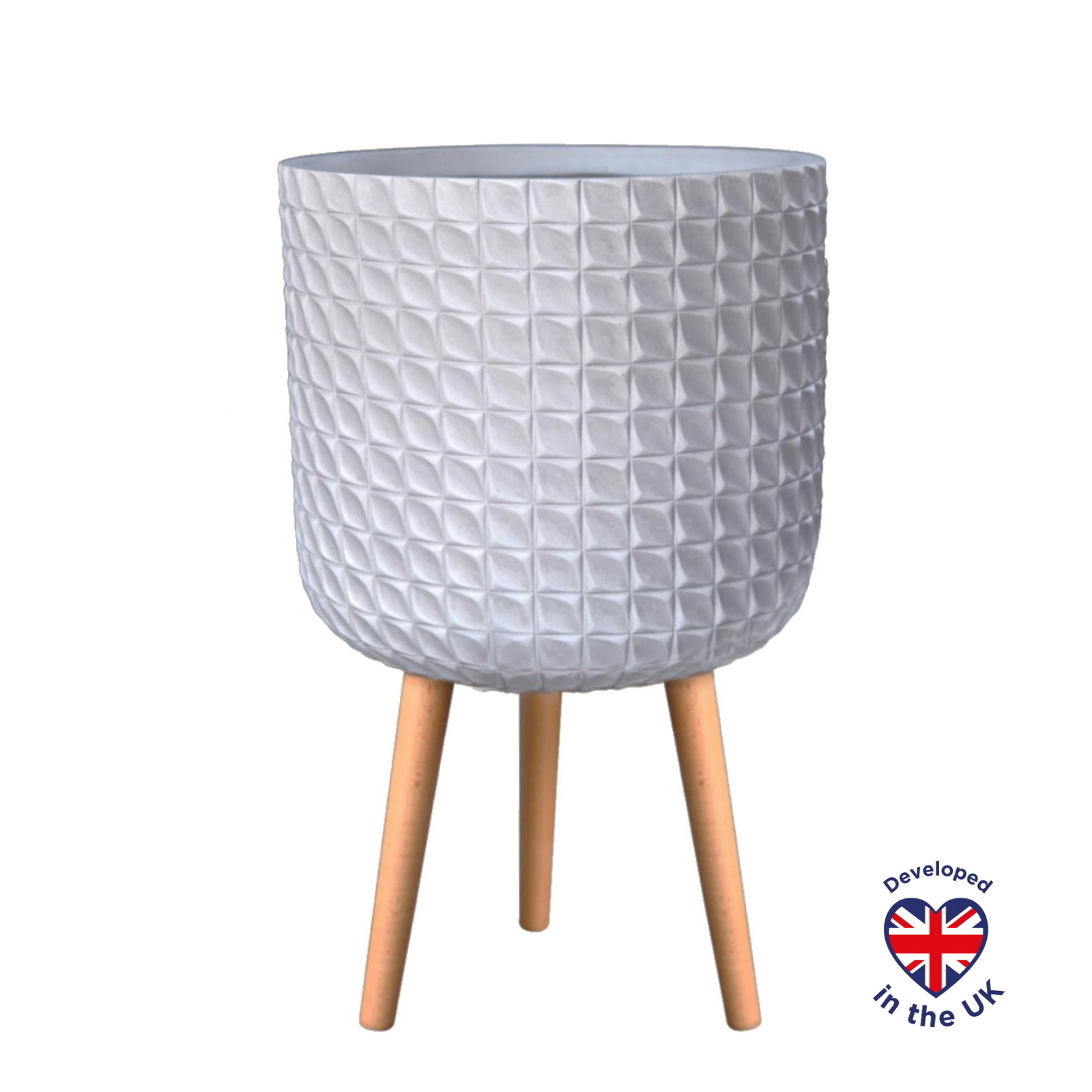 Geometric Patterned White Cylinder Indoor Planter with Legs D37 H62 cm, 32.7 ltrs Cap.