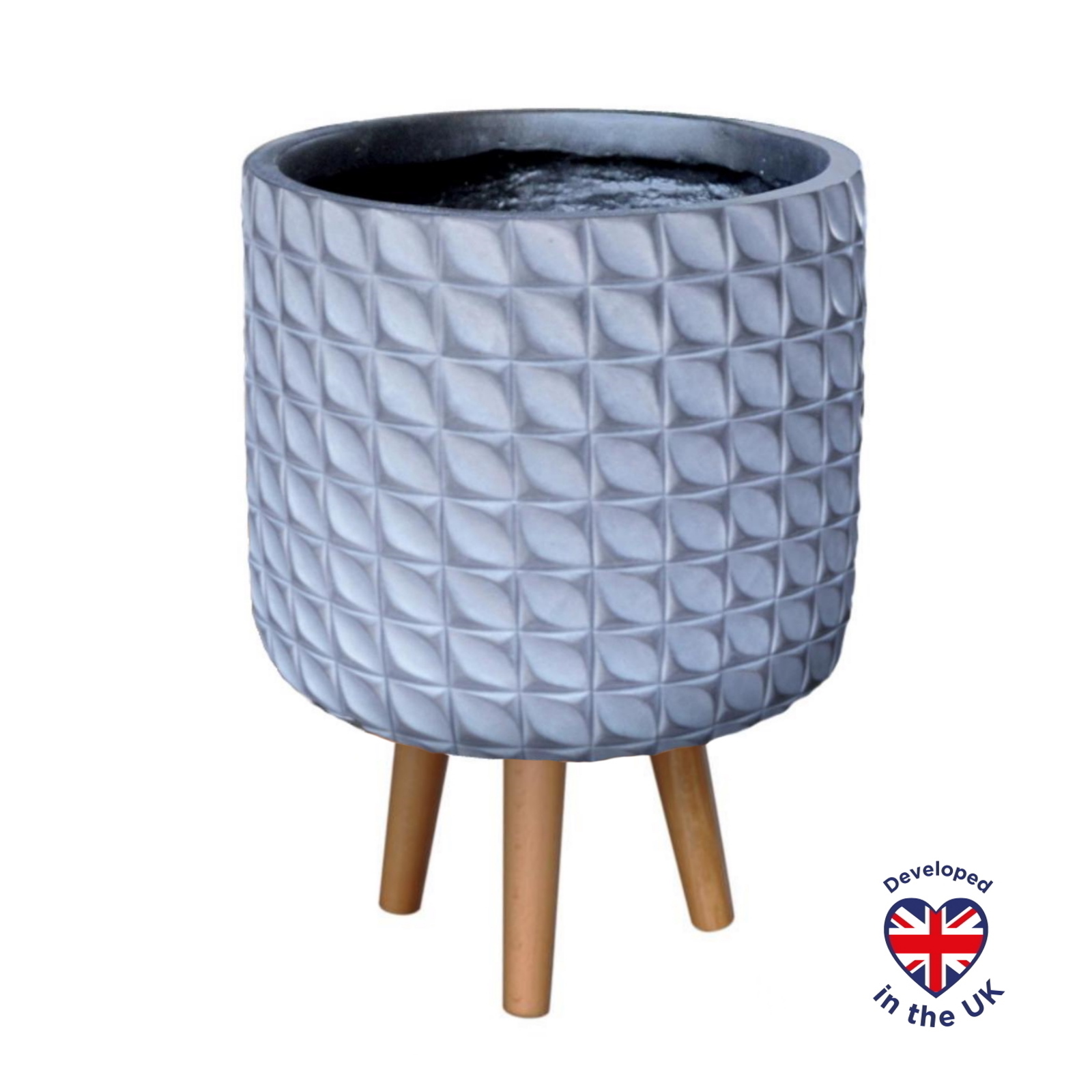 Geometric Patterned Grey Cylinder Indoor Planter with Legs D31 H44 cm, 17.8 ltrs Cap.