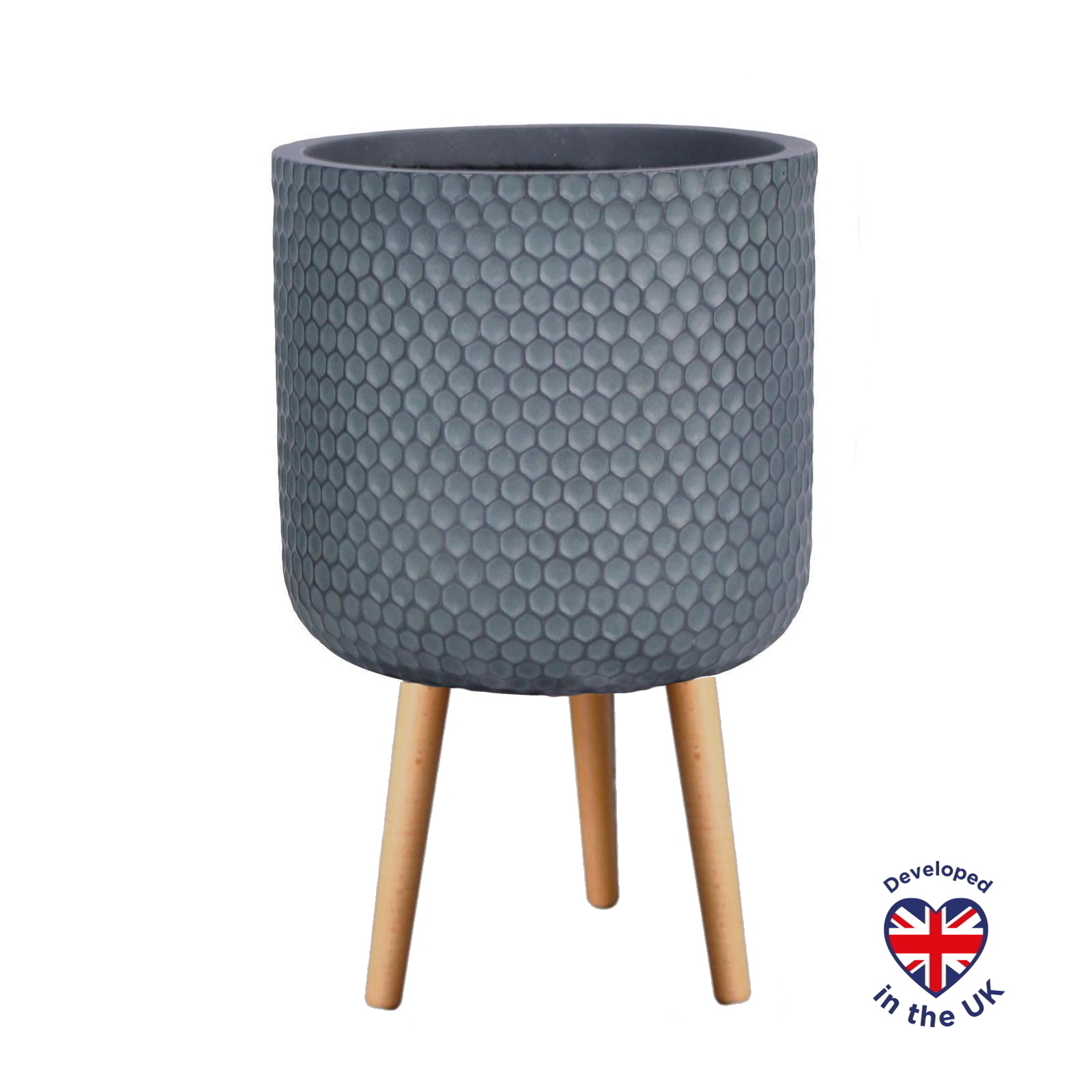 Honeycomb Style Slate Grey Cylinder Round Indoor Planter with Legs D37.5 H61 cm, 32.7 ltrs Cap.