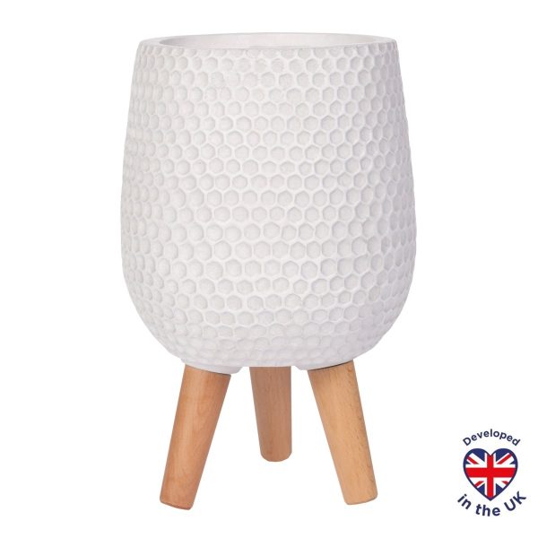 Honeycomb Style White Planter with Legs, Round Indoor Plant Pot D15 H34 cm, 6 ltrs Cap.