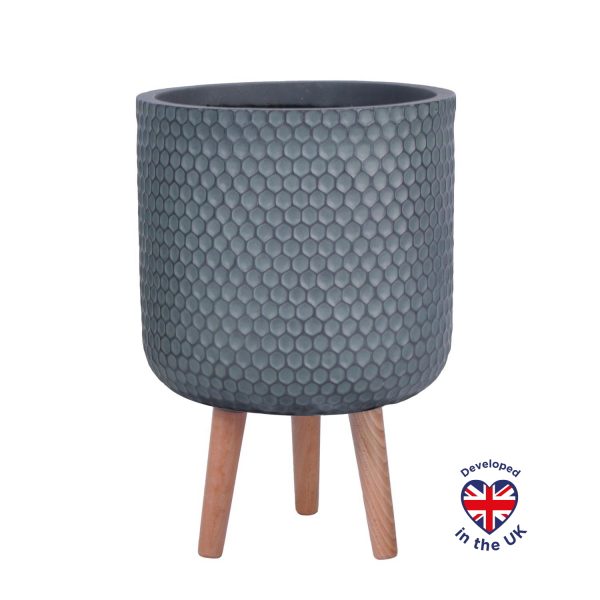Honeycomb Style Slate Grey Cylinder Round Indoor Planter with Legs D25 H34 cm, 9.1 ltrs Cap.