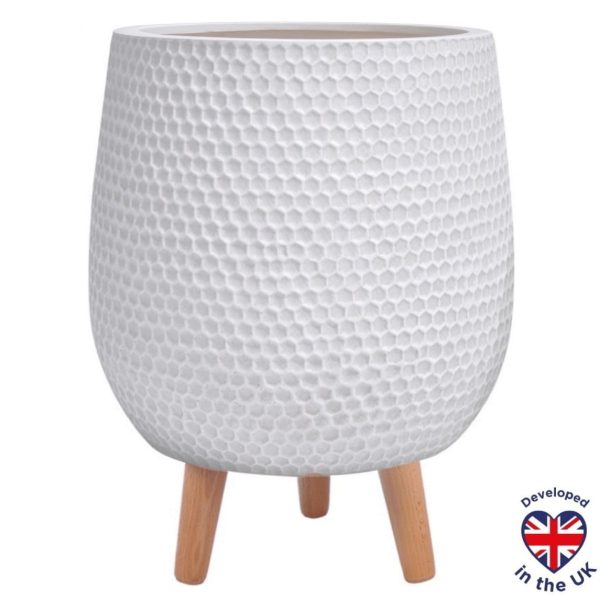 Honeycomb Style White Planter with Legs, Round Indoor Plant Pot D26 H43 cm, 19 ltrs Cap.