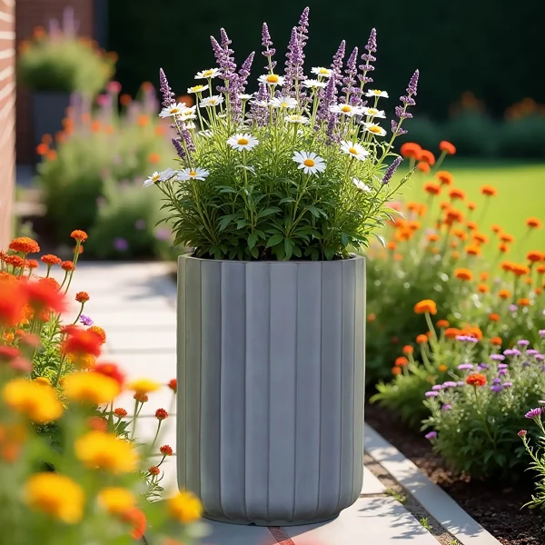Modern Ribbed Light Grey Cylinder Round Outdoor Garden Planter D24 H33 cm, 14 ltrs Cap.