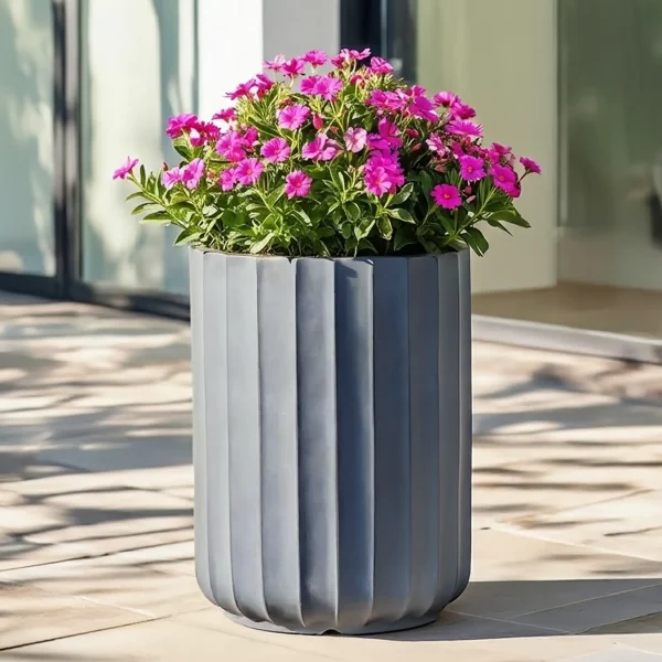 Modern Ribbed Light Grey Cylinder Round Outdoor Garden Planter D30 H41 cm, 29 ltrs Cap.