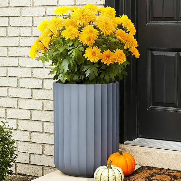Modern Ribbed Light Grey Cylinder Round Outdoor Garden Planter D36 H49.5 cm, 50.4 ltrs Cap.