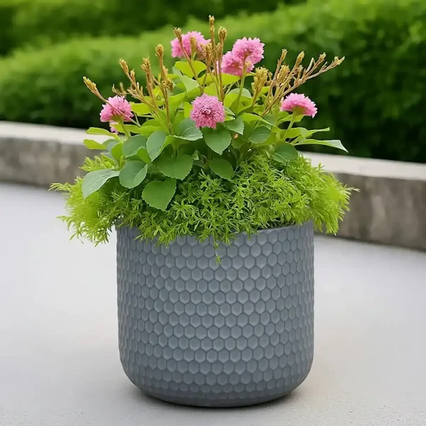 Honeycomb Style Green Grey Cylinder Round Outdoor Garden Planter D25 H23 cm, 11 ltrs Cap.