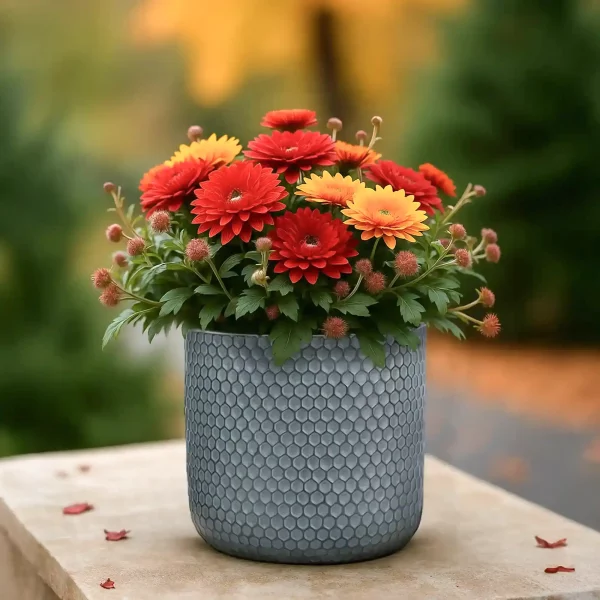 Honeycomb Style Green Grey Cylinder Round Outdoor Garden Planter D25 H23 cm, 11 ltrs Cap.