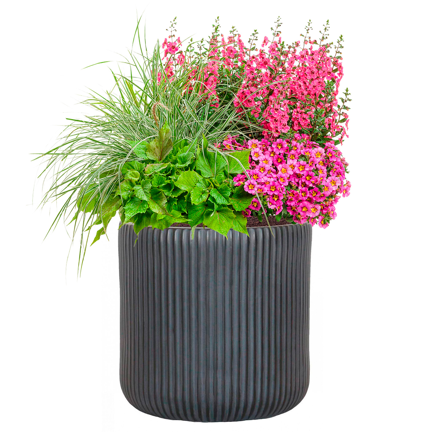 Ribbed Black Round Outdoor Planter D30 H30.5 cm, 21.6 ltrs Cap.
