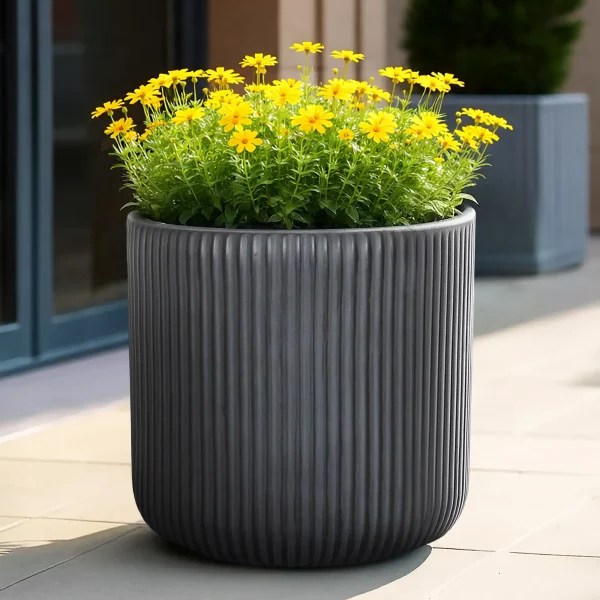 Ribbed Black Round Outdoor Planter D45 H45 cm, 71 ltrs Cap.