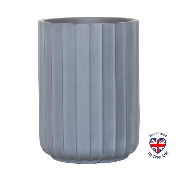 Modern Ribbed Light Grey Cylinder Round Outdoor Planter D24 H33 cm, 14.9 ltrs Cap.