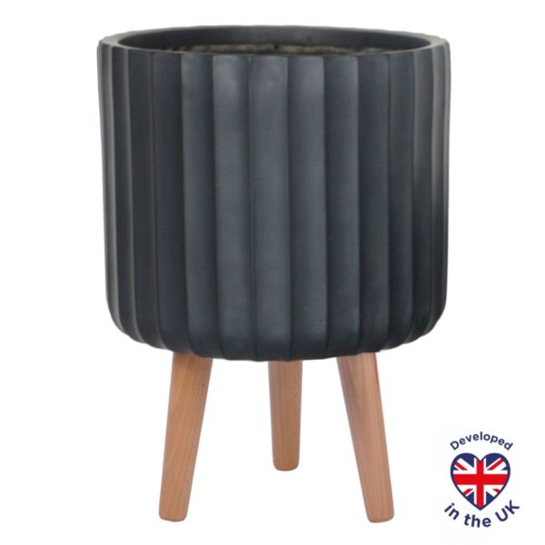 Modern Ribbed Black Planter on Legs, Round Indoor Plant Pot D26 H41 cm, 14.8 ltrs Cap.