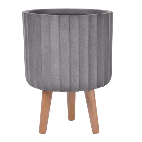 Modern Ribbed Taupe Cylinder Planter on Legs, Round Pot Plant Indoor D26 H41 cm, 14.8 ltrs Cap.