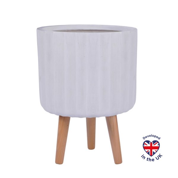 Modern Ribbed White Cylinder Round Indoor Planter with Legs D30 H41 cm, 14.8 ltrs Cap.