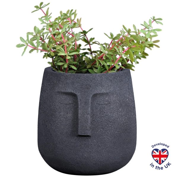 Textured Concrete Effect Face Washed Black Oval Indoor Face Pot by Idealist Lite L19 W18 H18.5 cm, 3.3 ltrs Cap.
