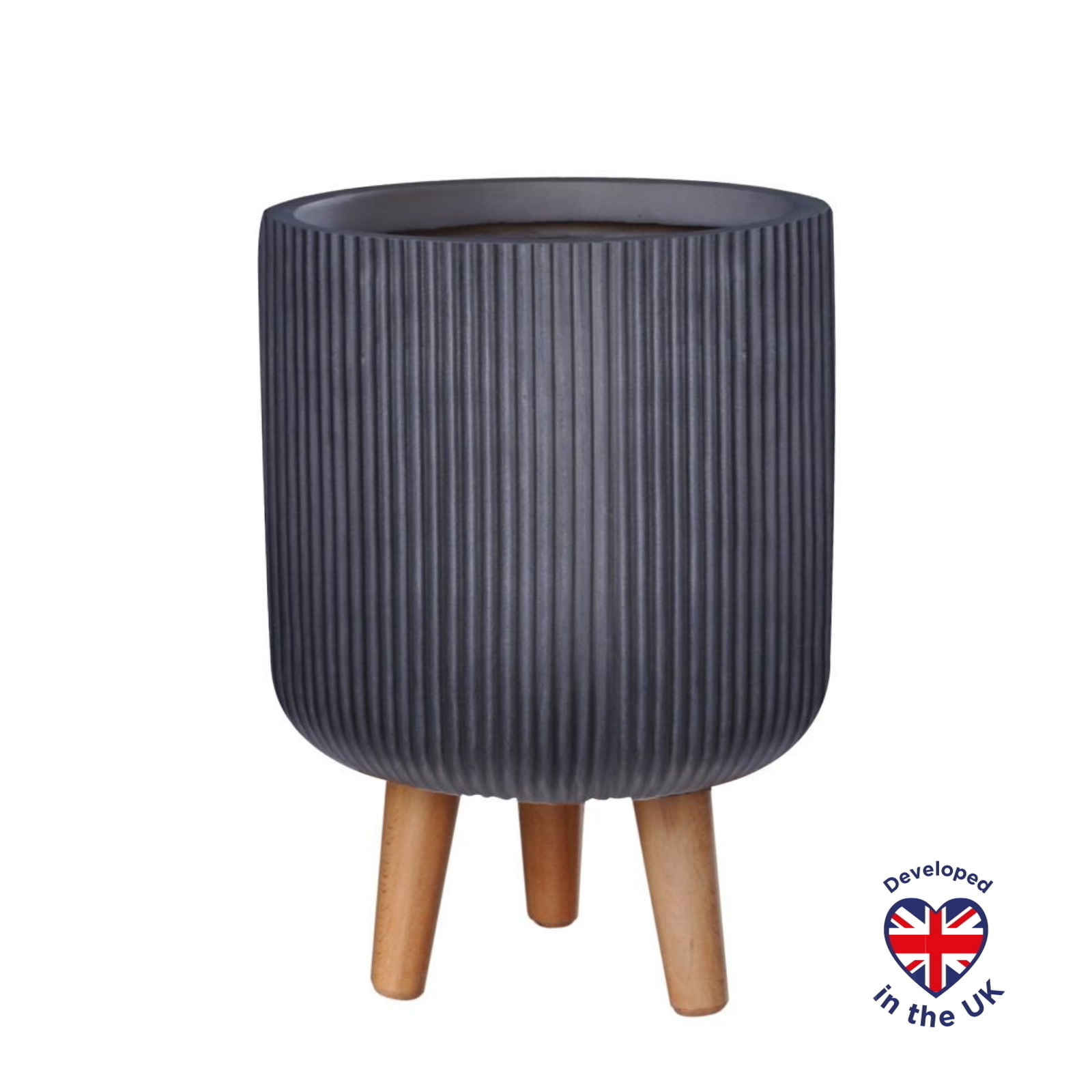 Ribbed Black Cylinder Indoor Planter with Legs D25.5 H36 cm, 10.4 ltrs Cap.