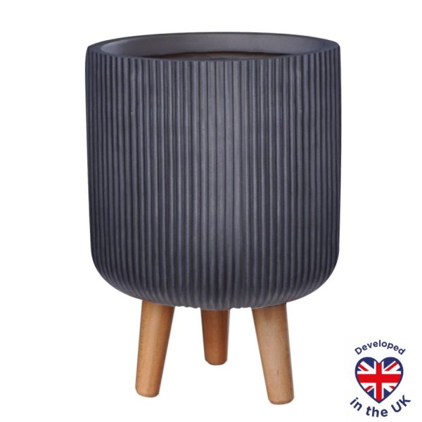 Ribbed Black Planter on Legs, Round Indoor Plant Pot D21 H36 cm, 10.4 ltrs Cap.