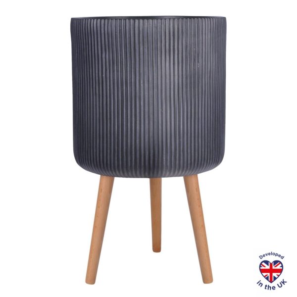Ribbed Black Cylinder Planter on Legs, Round Pot Plant Indoor D33 H64 cm, 34.6 ltrs Cap.