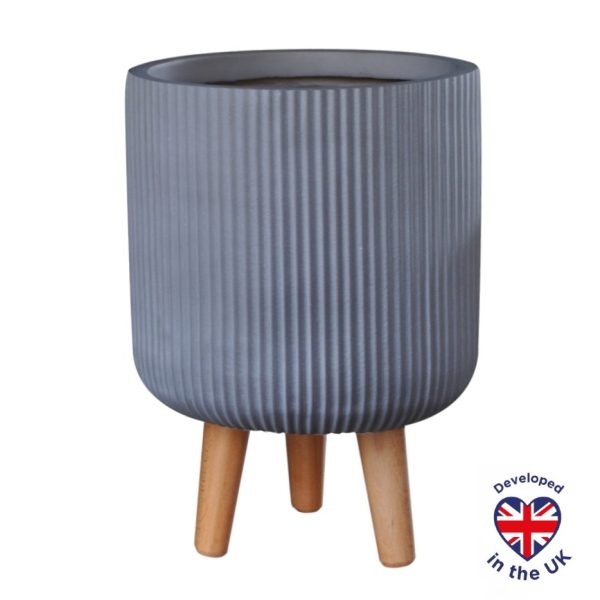 Ribbed Grey Planter on Legs, Round Indoor Plant Pot D21 H36 cm, 10.4 ltrs Cap.