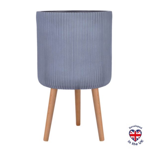 Ribbed Grey Cylinder Planter on Legs, Round Pot Plant Indoor D33 H64 cm, 34.6 ltrs Cap.