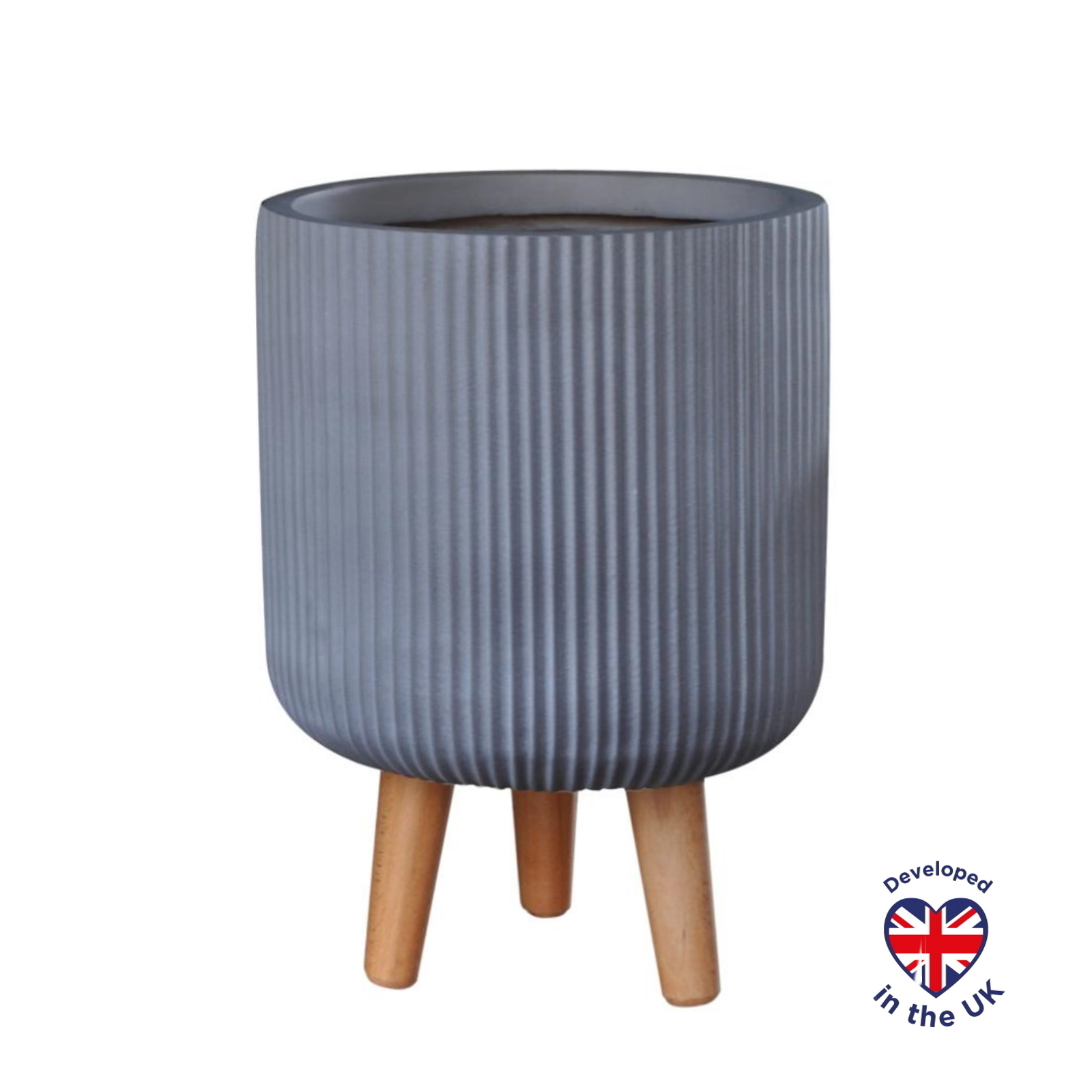 Ribbed Grey Cylinder Indoor Planter with Legs D25.5 H36 cm, 10.4 ltrs Cap.