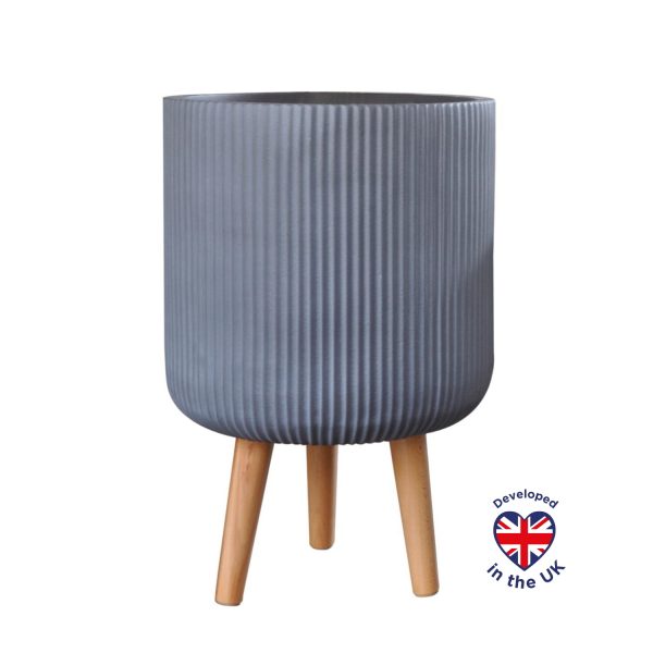Ribbed Grey Cylinder Indoor Planter with Legs D30.5 H46 cm, 18.5 ltrs Cap.