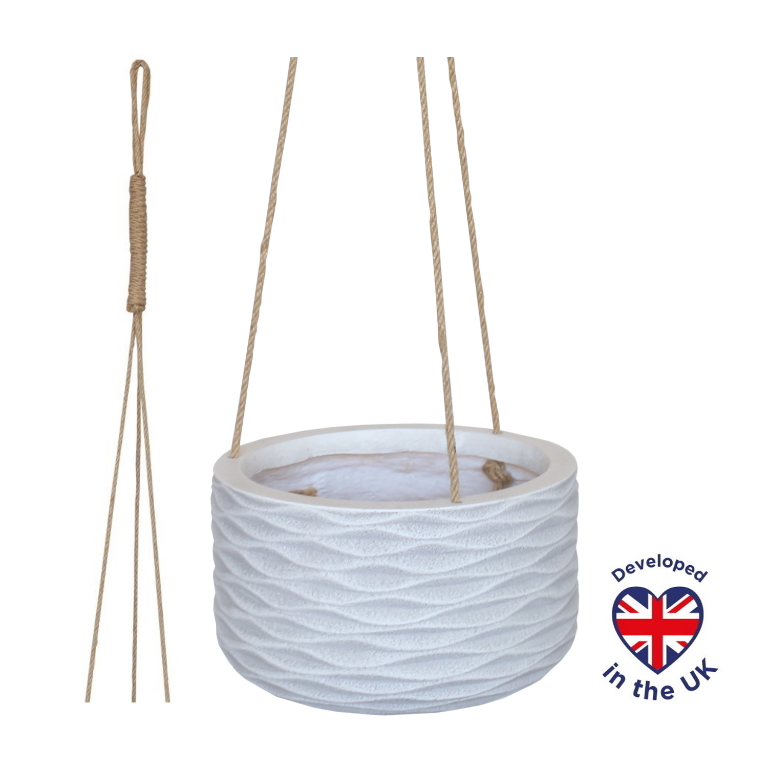 Wave Style White Hanging Cylinder Round Indoor Planter D24 H14 cm, 6.3 ltrs Cap.