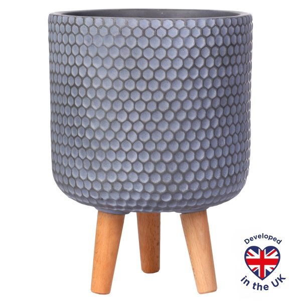 Honeycomb Style Grey Cylinder Round Indoor Planter with Legs D25 H34 cm, 9.1 ltrs Cap.