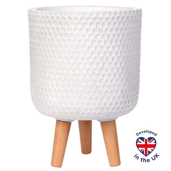 Honeycomb Style White Cylinder Round Indoor Planter with Legs D25 H34 cm, 9.1 ltrs Cap.