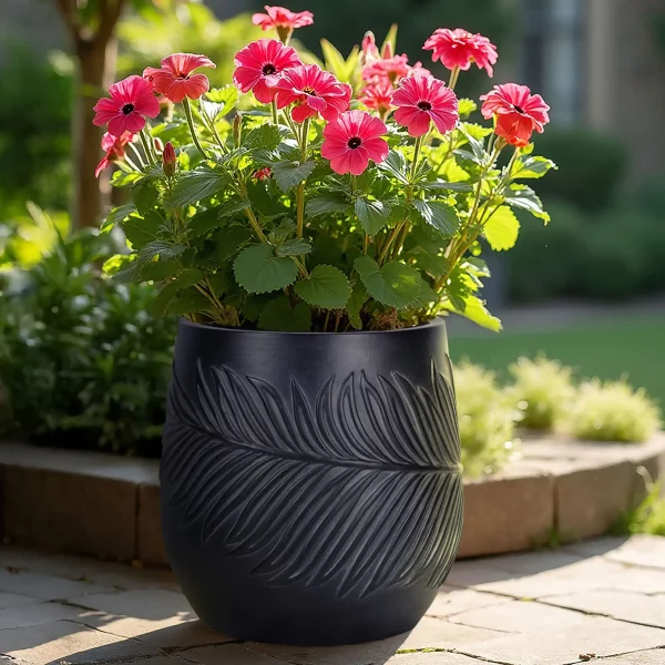 Leaf Embossed Black Garden Round Planter, Outdoor Plant Pot D30 H31.5 cm, 18 ltrs Cap.